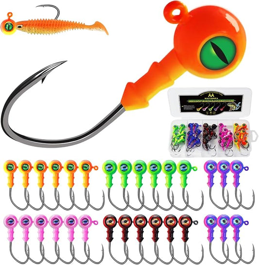 Crappie Jig Heads Painted Jigheads with 3D Eye Ball, 1/8oz to 3/8oz (20-40Pcs) - Sharp V-Shaped Hooks for Walleye, Bass & Panfish Fishing