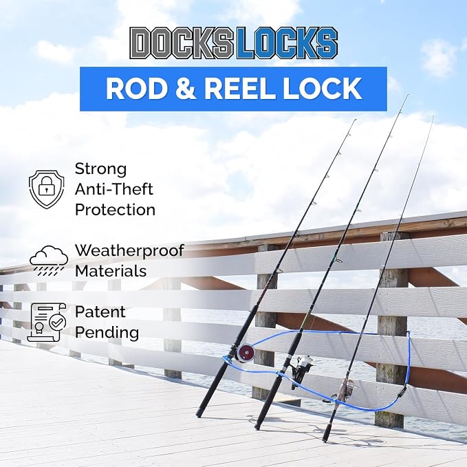 DocksLocks Fishing Rod & Reel Lock, Fishing Pole Lock for Storage, Gear, Equipment, Accessories, Rod Holder, Truck Bed, Car Rack, Piers, Boats and Marinas