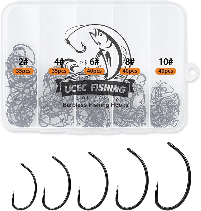 UCEC 190/220/260PCS Barbless Fishing Hooks, Carp Hooks Circle Curve Shank Fly Tying Fishing Hook Tackle Kit for Freshwater Saltwater Hair Rig Trout Size: 2# 4# 6# 8# 10#