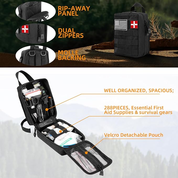Survival First Aid Kit, Molle Medical Pouch 288PCS Outdoor Emergency Survival Gear and Equipment for Hiking Camping Hunting Car Boat Home Travel and Adventures, Gift for Him Men (Black)