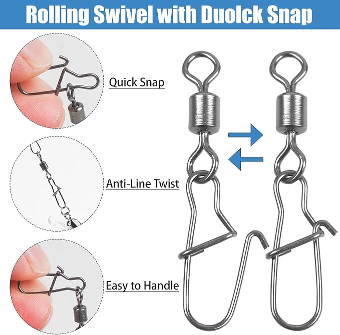 Fishing Snap Swivels Rolling Barrel Swivels with Safety Snaps High Strength Copper and Stainless Steel, Black Nickel Coated Quick Connect Swivel Snap Fishing Tackle