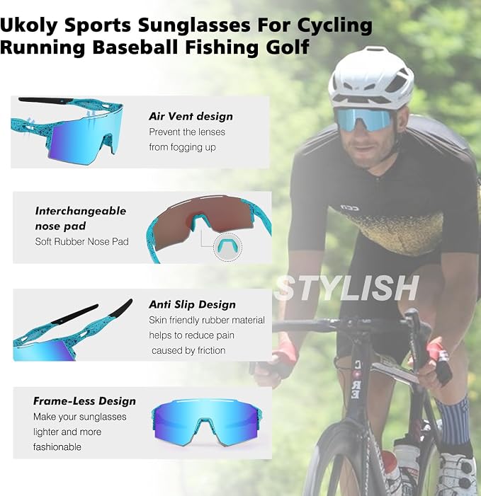 Ukoly Cycling Sunglasses for Men Women with 3 Interchangeable Lenses, Polarized Sports Sunglasses, Baseball Sunglasses