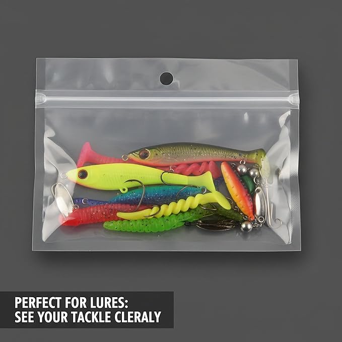 100 Pack Soft Plastic Baits Bags 6.7"x5.5" | Heavy-Duty Clear Lock Zipper Lure Packaging Bags - Leakproof Double-Sealed Zipper Storage for Soft Plastic Lures & Fishing Gear | Multiple Sizes
