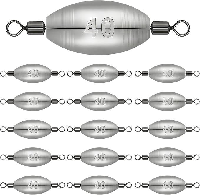 Polsefve Inline Trolling Fishing Weights with Inner Swivels, Oval Drop Casting Sinkers Lead Sinker Tackle for Catfish Bass Saltwater & Freshwater Bottom Fish(10g/15g/20g/30g/40g/60g)