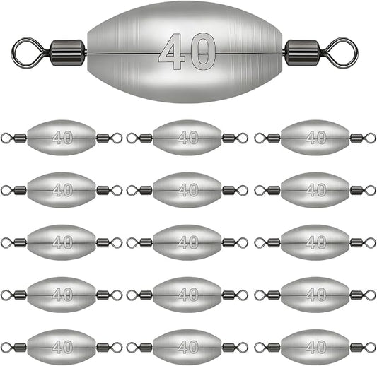 Polsefve Inline Trolling Fishing Weights with Inner Swivels, Oval Drop Casting Sinkers Lead Sinker Tackle for Catfish Bass Saltwater & Freshwater Bottom Fish(10g/15g/20g/30g/40g/60g)
