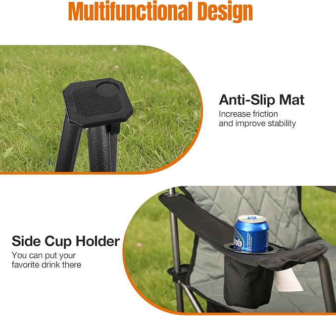 Heavy Duty Fully Padded Camping Chairs 350LBS Capacity Portable Chair Folding Chair with Cooler Bag and Cup Holder for Outdoor,Sports,Beach,Fishing, Hiking, Travel, Picnic, Backyard1PC