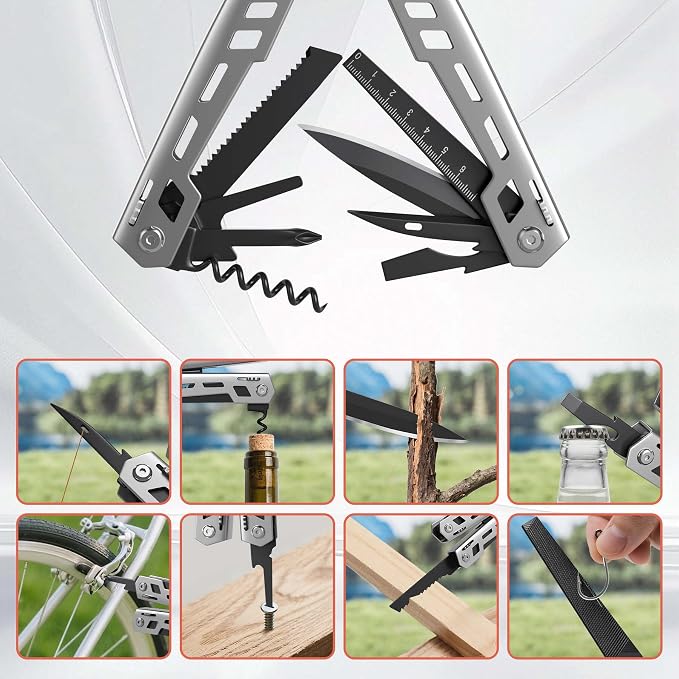 Multitool 17-in-1 Stainless Steel Multi Tool with Pocket Knife Needle Nose Pliers Bottle Opener Screwdriver Self-Locking Professional Multi-Tool for Outdoor Survival Gifts for Men((Silver)