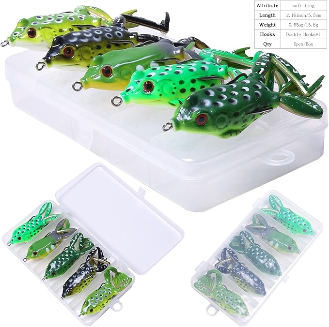 Frog Lure, Topwater Fishing Lures, Frog Lures for Bass Fishing, Top Water Frog Soft Swimbaits with Weedless Fishing Lures for Bass Trout Pike Snakehead,5pcs with Box