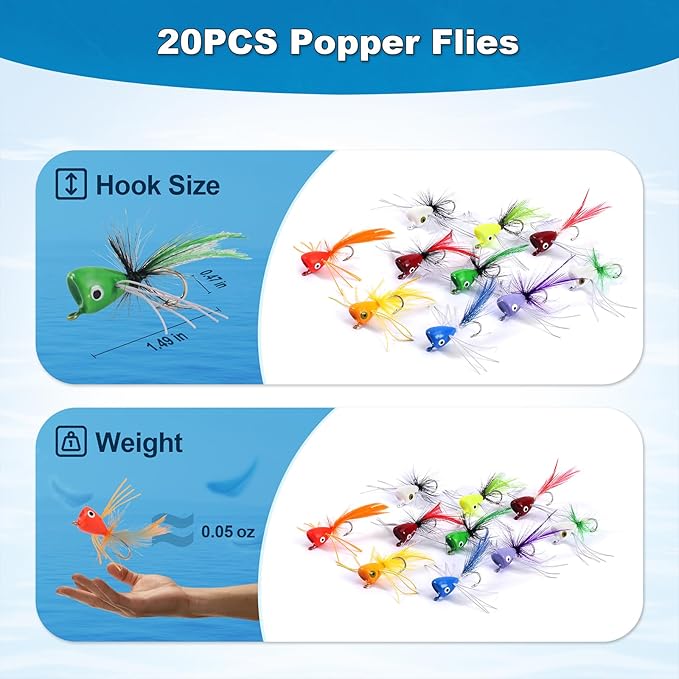 Fly Fishing Poppers Flies, Fly Popper Lures Bass Bluegill Crappie Trout Salmon Panfish Perch Popper Flies Kit for Fly Fishing