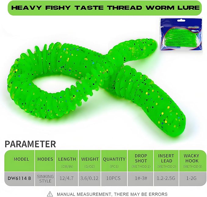 10Pcs/4.7'' Worms for Bait Bass Fishing, Soft Lures Plastic Noodle Wacky Worm Earthworm Silicone Threaded Bait for Ned rig, Fishing Lure Kit for Freshwater Saltwater