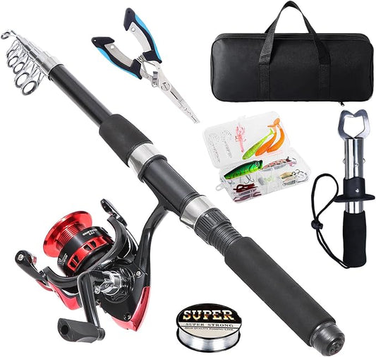 Tripquips Fishing Rod, 6.9ft Telescopic Fishing Rod and Reel Combo with Fishing Pliers and Lip Gripper Fishing Equipment, 5.2:1 Pre-Loaded Spinning Reel Combo Set Fishing Pole