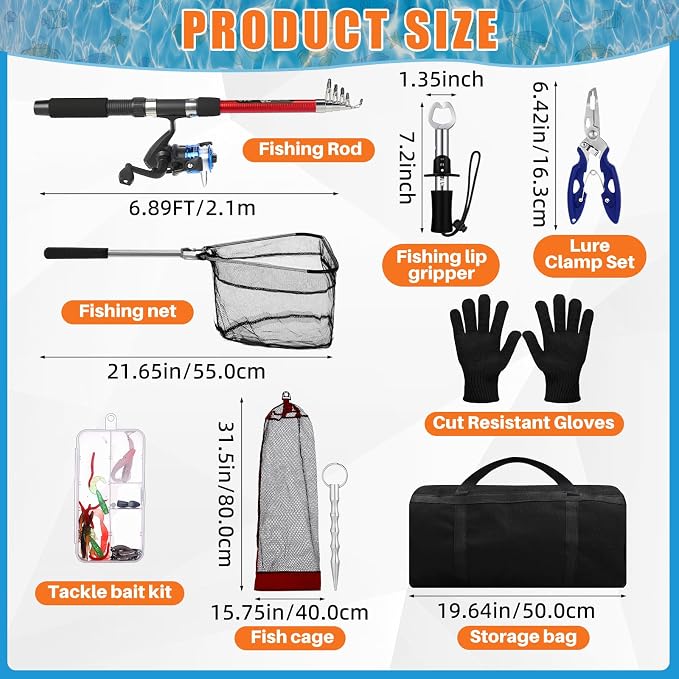 MiniInflat Telescopic Fishing Rod and Reel Combo, 6.89ft 2pcs Collapsible Rod with Plier Lip Gripper Lures Carrier Bag Pre-Loaded Spinning Reel Saltwater Freshwater Fishing Pole Kit