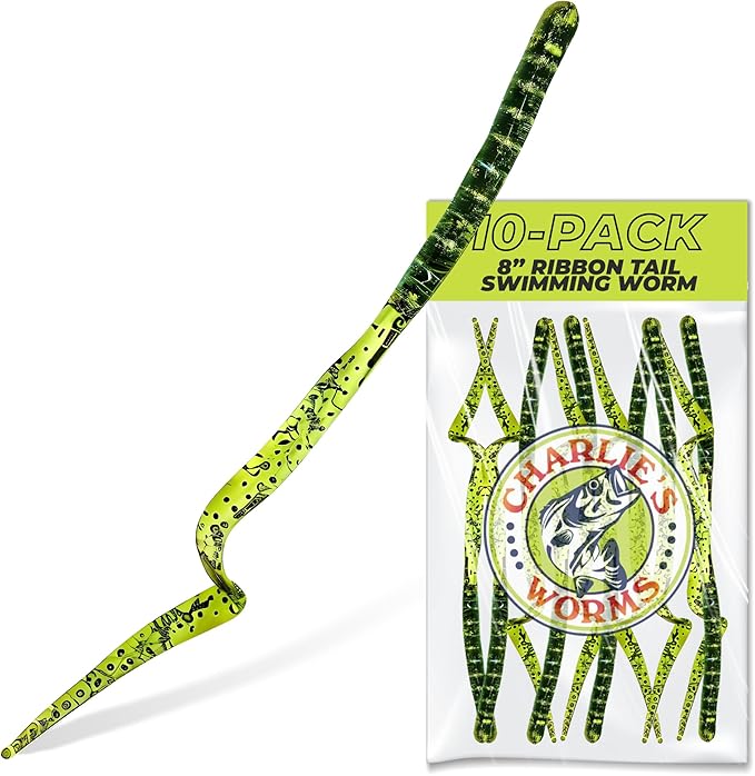 Charlie's Worms Artificial Fishing Bait 8" Ribbon Tail Swimming Worm, Freshwater Saltwater Bass Soft Lures Scented 10pk