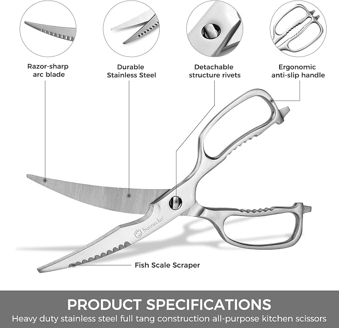 Sunnecko Heavy Duty Kitchen Scissors - Stainless Steel Kitchen Shears, Ultra Sharp Micro Serrated Poultry Shears, Cooking Scissors for Meat, 9 Inch Curved Blades