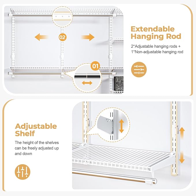 Wire Closet Organizer System, Wall Mounted 8.7 Ft. Custom Closet Kit for Bedrooms, Adjustable Storage Shelves for Clothes, Shoes, and Handbags