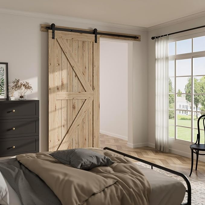 CCJH 12.6FT Single Sliding Barn Door Hardware Kit Black Carbon Steel Hanger Flat Track System for Closet Kitchen 1 Door 75 inch Wide, Smoothly and Quietly I Shape Roller