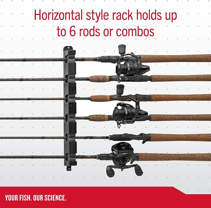 Berkley Horizontal Fishing Rod Rack, Stores 6 Rods, Black, Soft Foam Grip Pads Protect Rod Finishes, Durable Construction, Easy to Mount with Common Tools