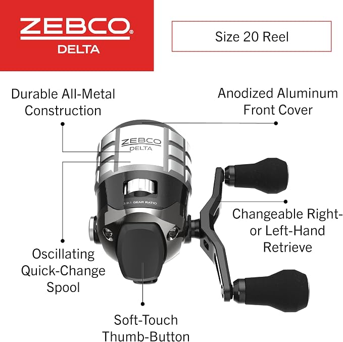Zebco Delta Spincast Fishing Reel, Right or Left-Hand Retrieve, Dual Ceramic Pick-Up Pins, Pre-Spooled with Zebco Fishing Line, Braid Ready, Cool Gray