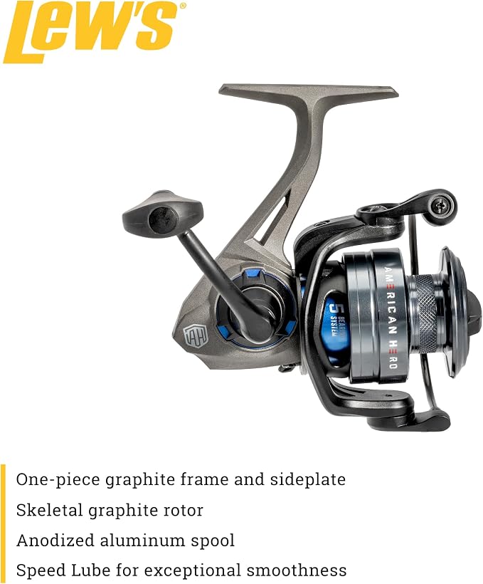 Lew's American Hero Spinning Fishing Reel, 4+1 Bearings, Graphite Frame, Speed Gears, Speed Lube, Multi-Disc Drag