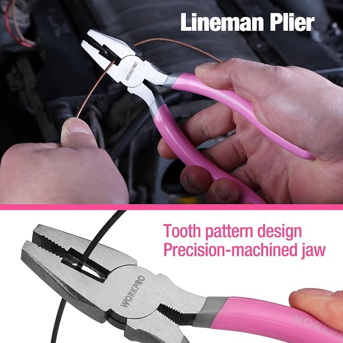 WORKPRO 7-piece Pliers Set with Groove Joint, Long Nose, Slip Joint, Linesman, and Diagonal Pliers for DIY & Home Use - Pink Ribbon