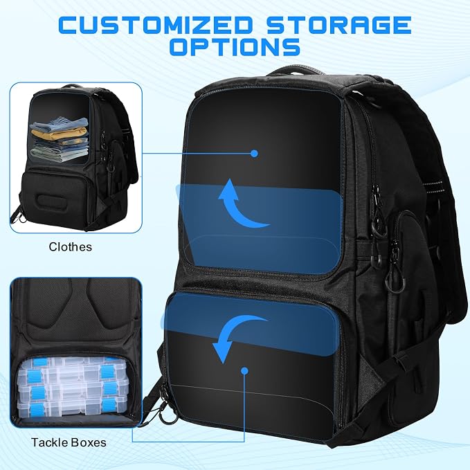 50L Fishing Tackle Backpack with Removable Lure Wraps,2 Rod Holders Storage Fishing Gear and Equipment