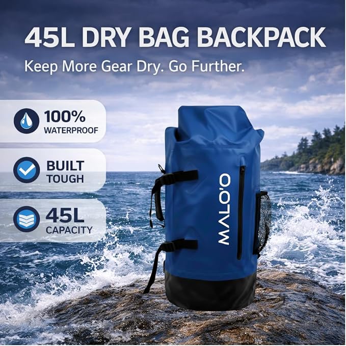 Malo’o 45L Waterproof Dry Bag Backpack – Heavy Duty Roll Top Fishing & Beach Backpack, IPX6 Water Resistant Gear Bag for Kayaking, Camping, Surf, Travel & Outdoor Adventure
