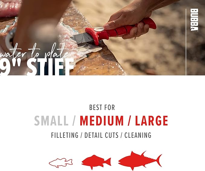 BUBBA 9 Inch Stiff Fillet Knife with Non-Slip Grip Handle, Full Tang Beveled Sushi Style Stainless Steel Non-Stick Thick Blade, Lanyard Hole and Synthetic Sheath for Fishing, Hunting and Cooking