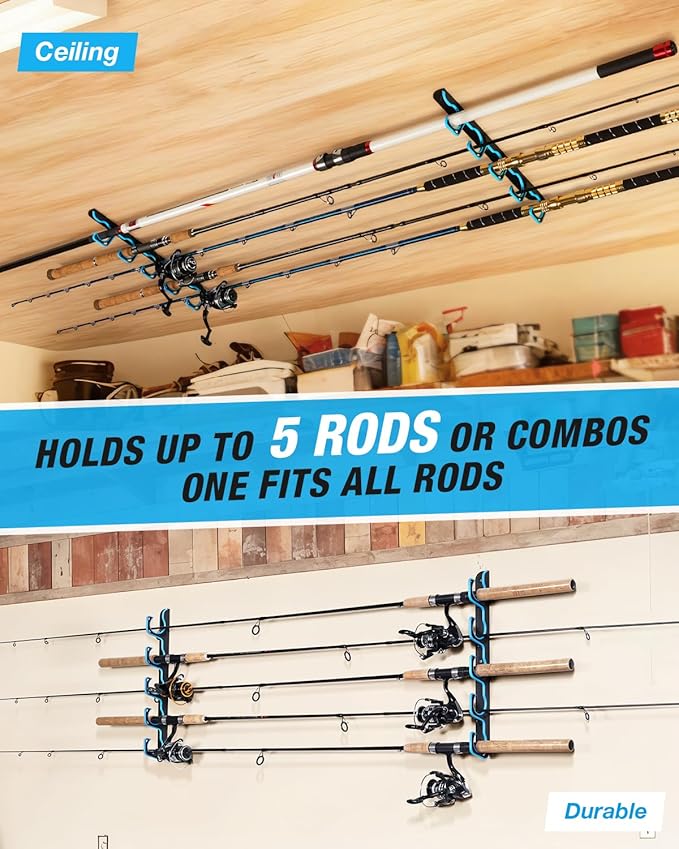 Ghosthorn Fishing Rod Holders for Garage Fishing Pole Holders Ceiling or Wall Mounted Fishing Rod Rack garage Storage Organizer Fishing Gear Equipment for Men Women (Blue, 3 Packs)
