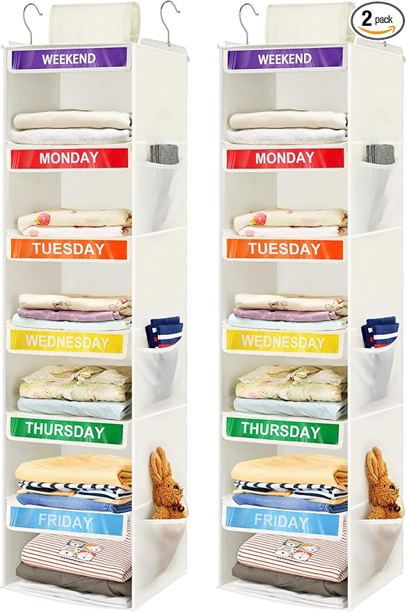 2 Pack 6-Shelf Weekly Clothes Organizer for Kids, Hanging Daily Closet Organization with 6 Side Pockets, Days of The Week Clothing Divider Storage for Boys and Girls (White)