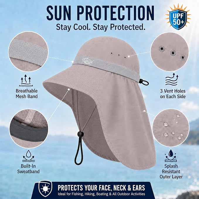 Palmyth Fishing Hat UPF 50+ Sun Hat Wide Brim Neck Flap Breathable Mesh Safari Hat UV Protection for Men Women