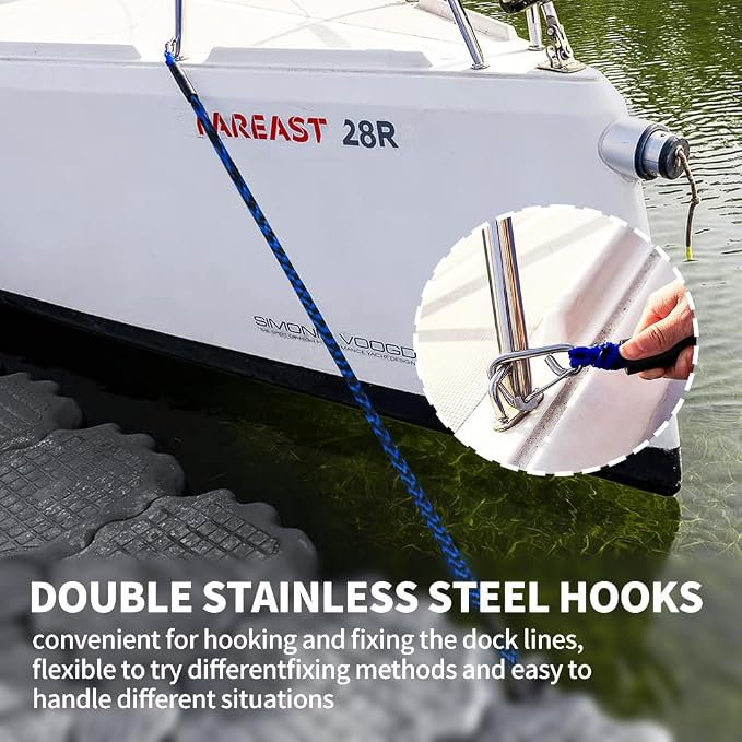 Bungee Boat Dock Line, Boat Rope with Double 316 Stainless Steel Clips Accessories for Bass Boat, Kayak, Pontoon, Watercraft, Waverunner, SeaDoo, Canoe,2Packs,4-6FT,Blue&Black