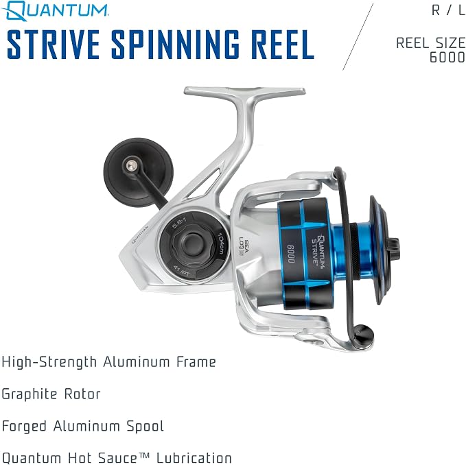 Quantum Strive Spinning Fishing Reel, Rigid Aluminum Frame, Graphite Rotor, Sealed Design, CFX200 Carbon Fiber Xtreme Drag, Silver/Blue