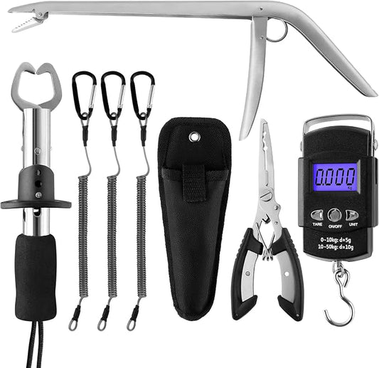 mouhike Fishing Tool Kit Fishing Pliers, Fish Lip Gripper, Fishing Hook Remover, Handheld Digital Fishing Scale, Ice Fly Fish Pliers Fishing Gear Accessories Fishermen Gift (Battery Not Included)