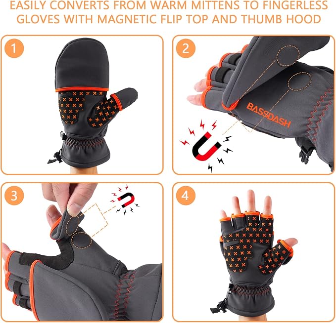 BASSDASH WinteFlex Insulated Ice Fishing Mittens Cold Weather Fingerless Gloves Water Resistant for Men Women Hunting