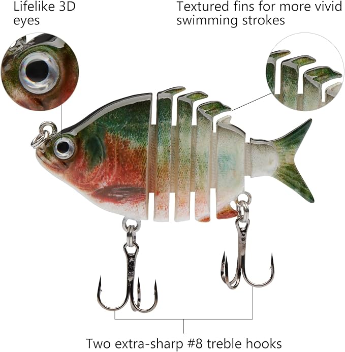 Bassdash SwimPanfish 2.5”/0.34oz Hard Bluegill Swimbaits Multi Jointed Topwater Trout Bass Fishing Crank Lure,Pack of 4