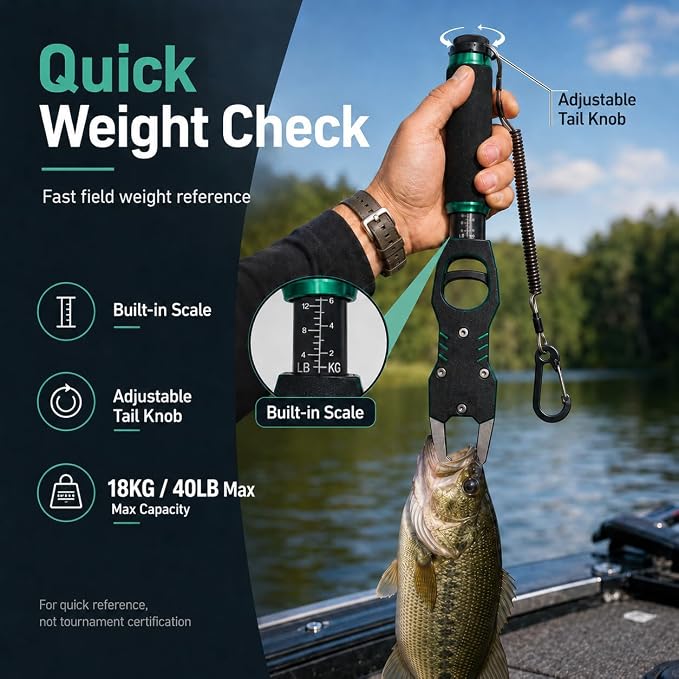 XKCZ 2-in-1 Fish Gripper with Scale, 40lb Fish Lip Gripper, One-Hand Fish Grabber with 360° Swivel, CNC-Machined Aluminum Fishing Gripper Tool with Lanyard for Bass, Saltwater Freshwater Fishing