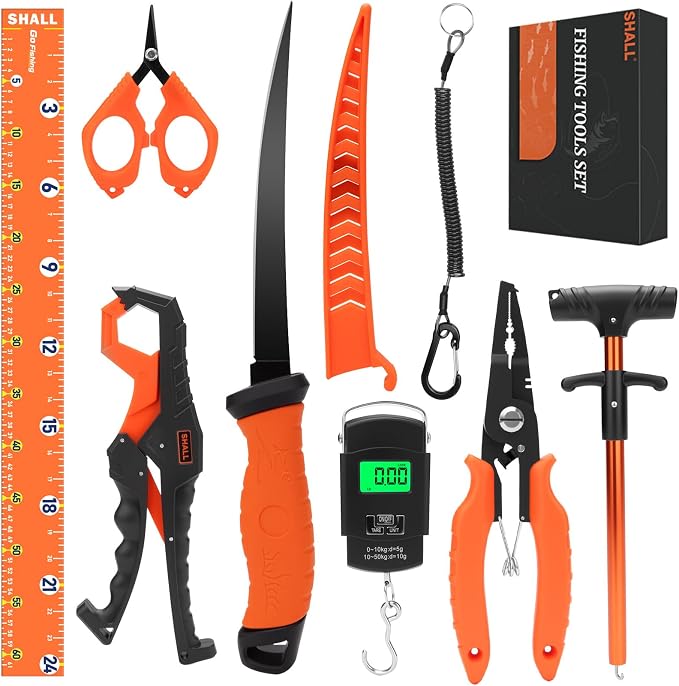 SHALL Fishing Tool Kit, Corrosion Resistant Fishing Gear and Equipment - Fishing Pliers, Fillet Knife, Fishing Scissors, Fish Lip Gripper, Fishing Ruler, Lanyard - Premium Fishing Tools for Men Women