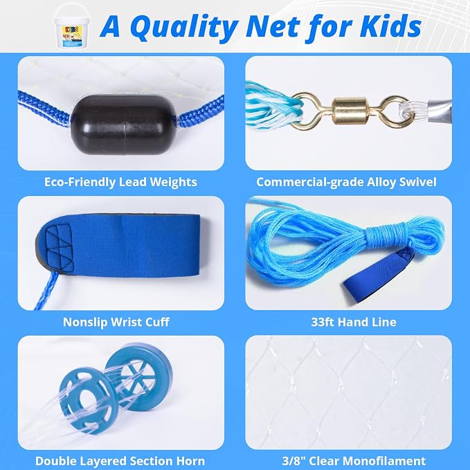 Fishing Cast Net for Kids, Colorful Throw Net for Freshwater & Saltwater, Eco-Friendly Lead Weights, 3/8inch Mesh Size, 0.8/LB Per ft, 3/4.5 Ft Radius Casting Net
