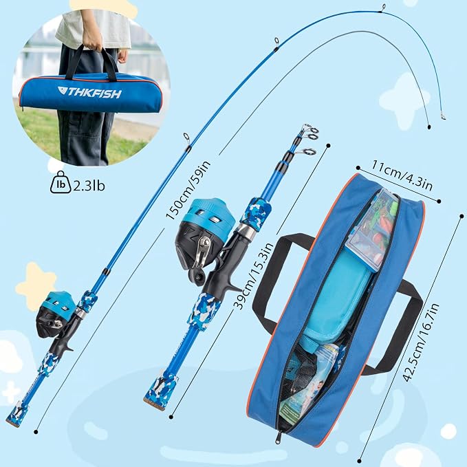 Kids Fishing Pole Set, Telescopic Fishing Rod Reel Combo Kids Starter Kit with Lures Tackle Box, Foldable Stool and Portable Bag for Boys Girls Younth