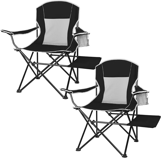 XGEAR Camping Chairs 350LBS Capacity, Heavy Duty Folding Chair with Side Table, Portable Outdoor Chair with Cup Holder for Adults, Collapsible for Tailgating, Beach, Fishing, Backyard (Black, 2-Pack)