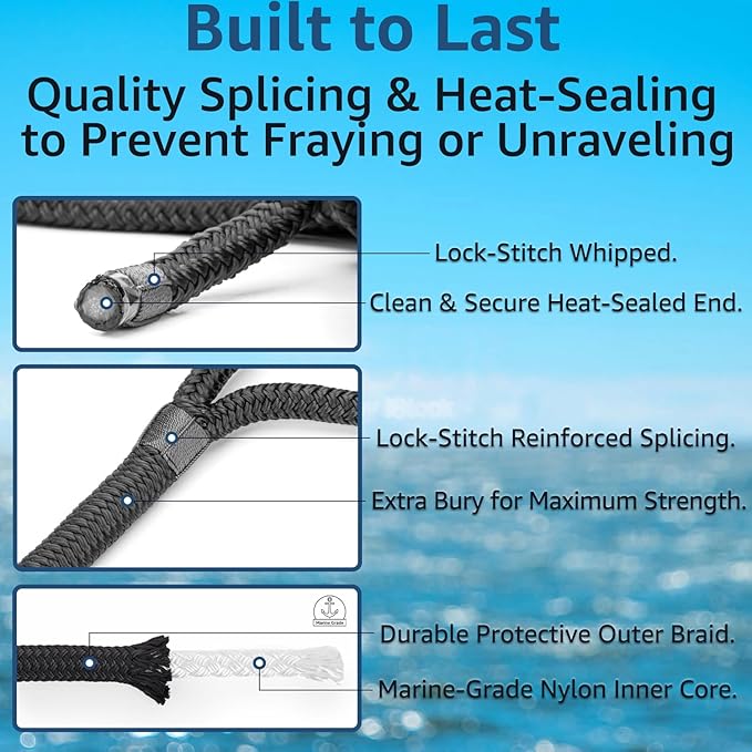 Boat Dock Lines 3/4" x 50ft - Double Braided Nylon Boat Ropes for Docking with 18" Loop, Marine-Grade High Strength Boat Lines Dock Rope, Premium Marine Rope Mooring Lines, Heavy Duty - 2 Pack, Black