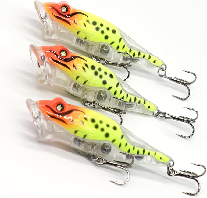 Stonefish 3pcs Popper Topwater Fishing Lures with Treble Hooks, Whopper Floating Splashing Popper with Rattles, Freshwater Saltwater Lures for Bass