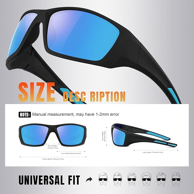 Polarized Sports Sunglasses for Men Women - Wrap Around Sun Glasses UV Protection for Fishing Running Driving