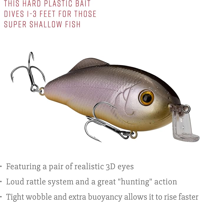 Strike King Hybrid Hunter Shallow Jr. Fishing Lure, Shallow Diving Crankbait, 90-Degree Bill, 3D Eyes, Loud Rattle, Dives 1 to 3-Feet,Size 4 & 6 Treble Hooks