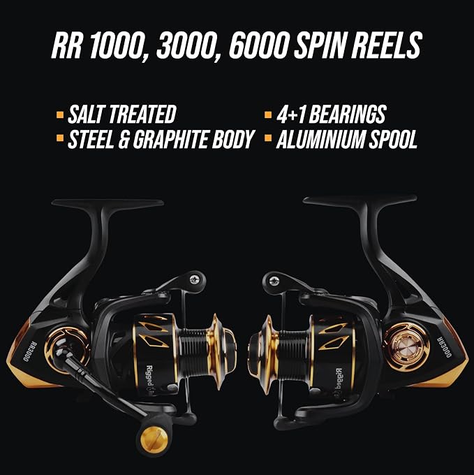 Rigged and Ready RR spin fixed-spool fishing reels 4 size options 1000, 3000, 5000, 6000. Freshwater saltwater smooth strong durable. Spare spool + bag. Spinning, Carp, Bass, Coarse, Sea & LRF angling