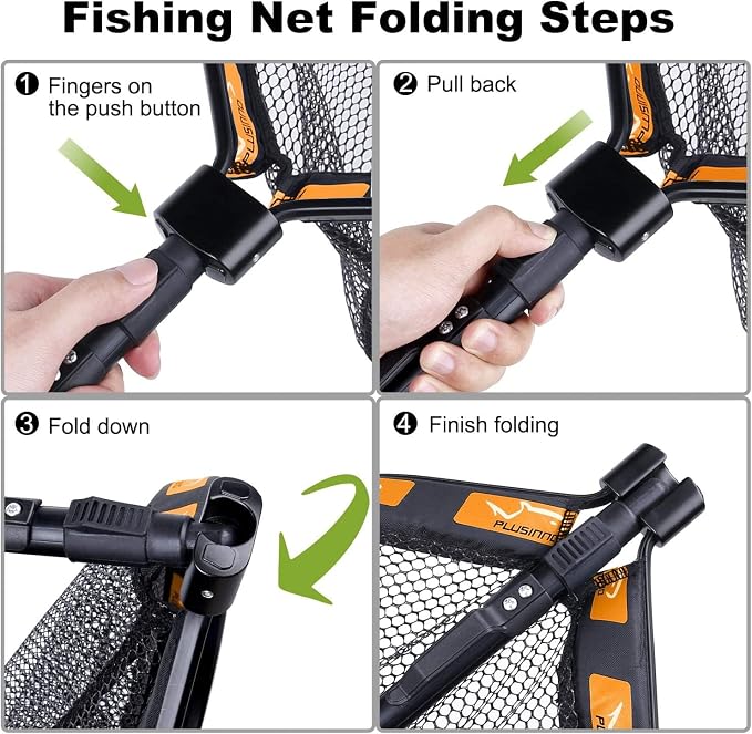 PLUSINNO Floating Fishing Net for Steelhead, Salmon, Fly, Kayak, Catfish, Bass, Trout Fishing, Rubber Coated Foldable Landing Net with Fixed or Telescoping Pole Handle, Fishing Gear and Gifts for Men