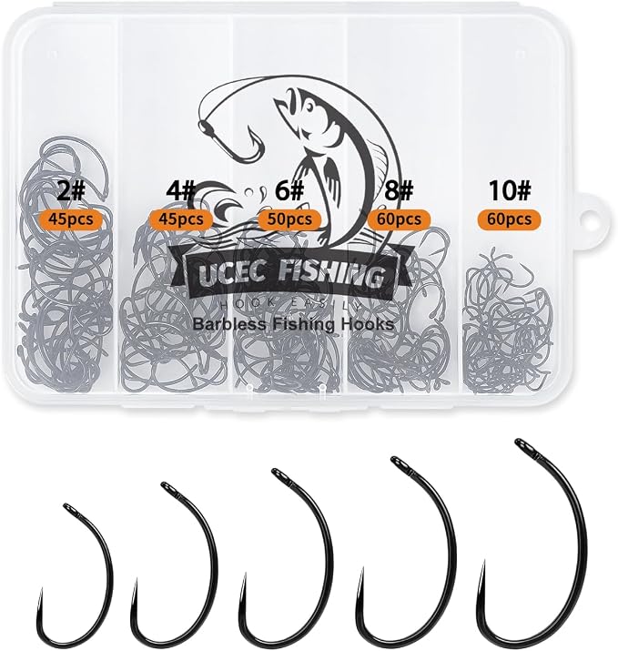 UCEC 190/220/260PCS Barbless Fishing Hooks, Carp Hooks Circle Curve Shank Fly Tying Fishing Hook Tackle Kit for Freshwater Saltwater Hair Rig Trout Size: 2# 4# 6# 8# 10#