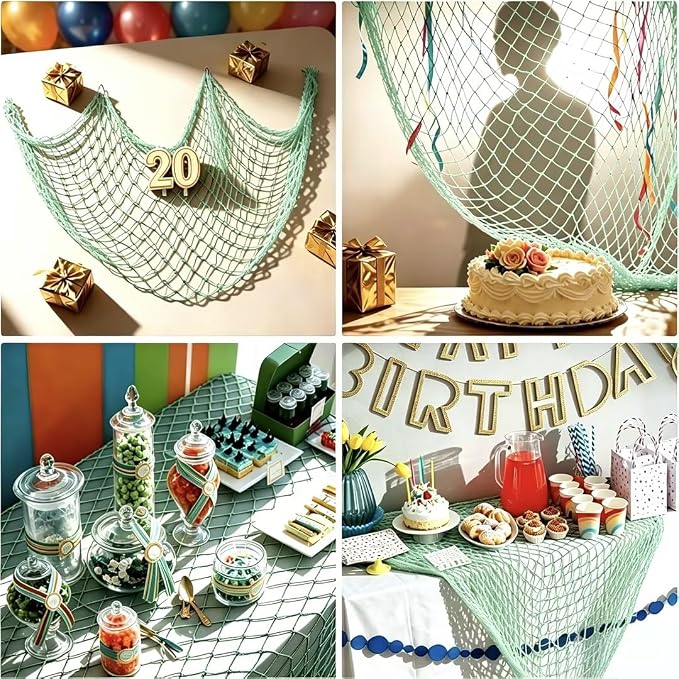 2 Pack Decorative Fishing Net, Large 5x10 ft Green Decor Fishnet for Hanging Stuffed Animals & Party Decorations, Nautical Netting for Birthday, Baby Shower, Pirate, Mermaid, Hawaii, Ocean Theme Party