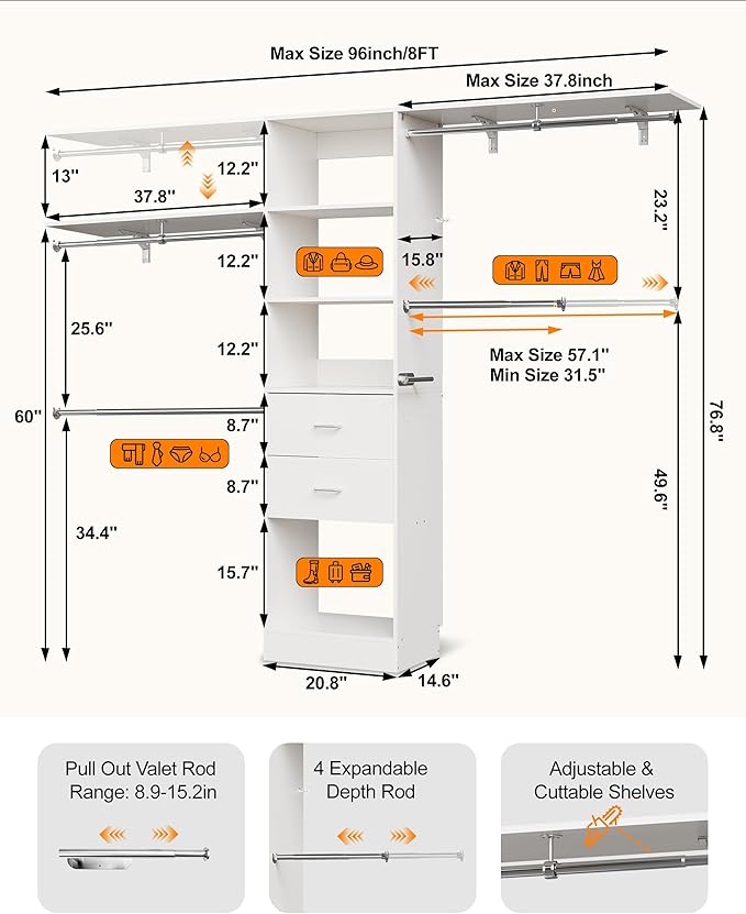 Closet System, 6-9FT Walk-in Closet Organizer System with 2 Wooden Drawers 4 Expandable Hanging Rods, Wood Wardrobe Storage Organizer with Valet Rod, Clothes Garment Rack for Bedroom, White
