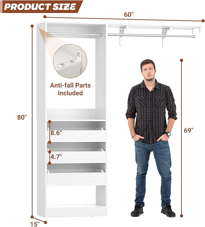 60" Wide x 80" Tall Closet System with 3 Half-Open Wooden Drawers, 5FT Closet Organizer System with 2 Hanging Rods & Removable Tower, Freestanding Wardrobe Organizer for Walk-in Bedroom, White